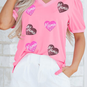 Blusa Rosa Manga Abullonada Escote V