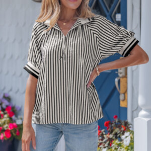 Blusa Negro a Rayas Manga Abullonada Con Cuello