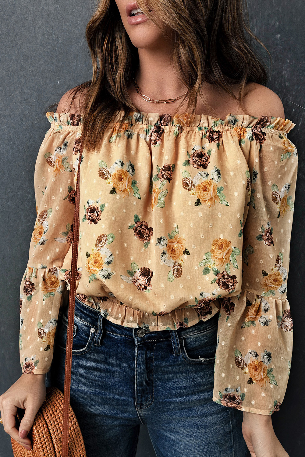 Top Corto Amarillo Floral Manga Campana