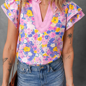 Blusa Rosa Combinado Manga Volado Escote V