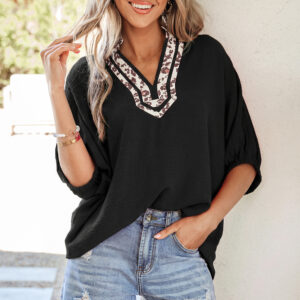 Blusa Negro Manga Corta Escote V