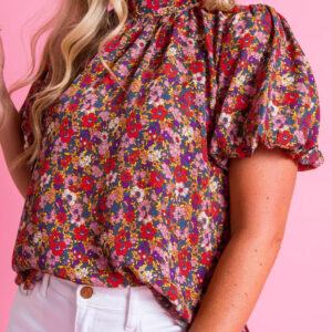 Blusa Violeta Floral Manga Abullonada Cuello Alto