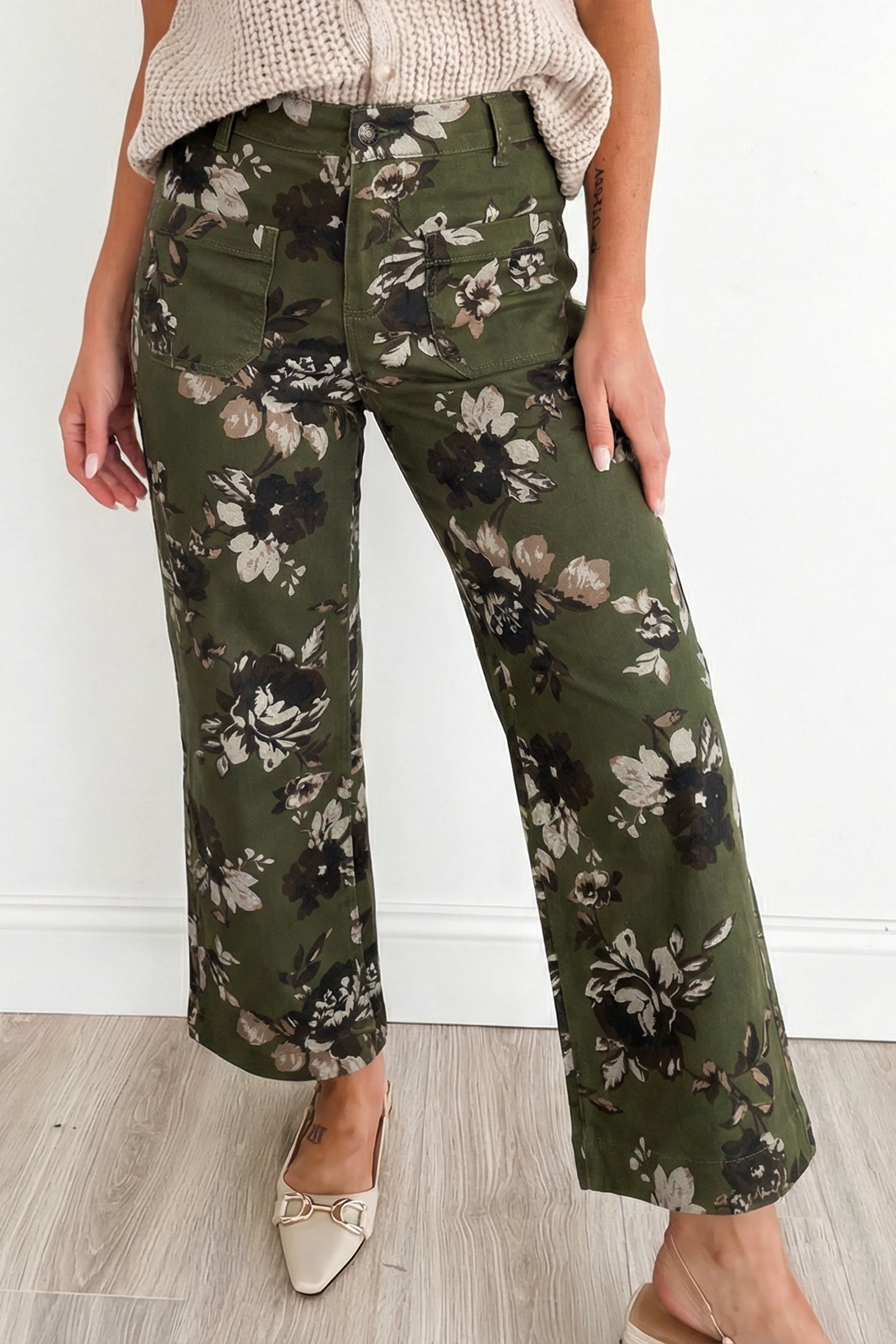 Jean Verde Vintage Floral Estampado Cuadrado Aplicado - Image 3