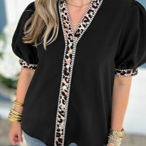 Camisa Negro Con Botones Manga Abullonada Escote V
