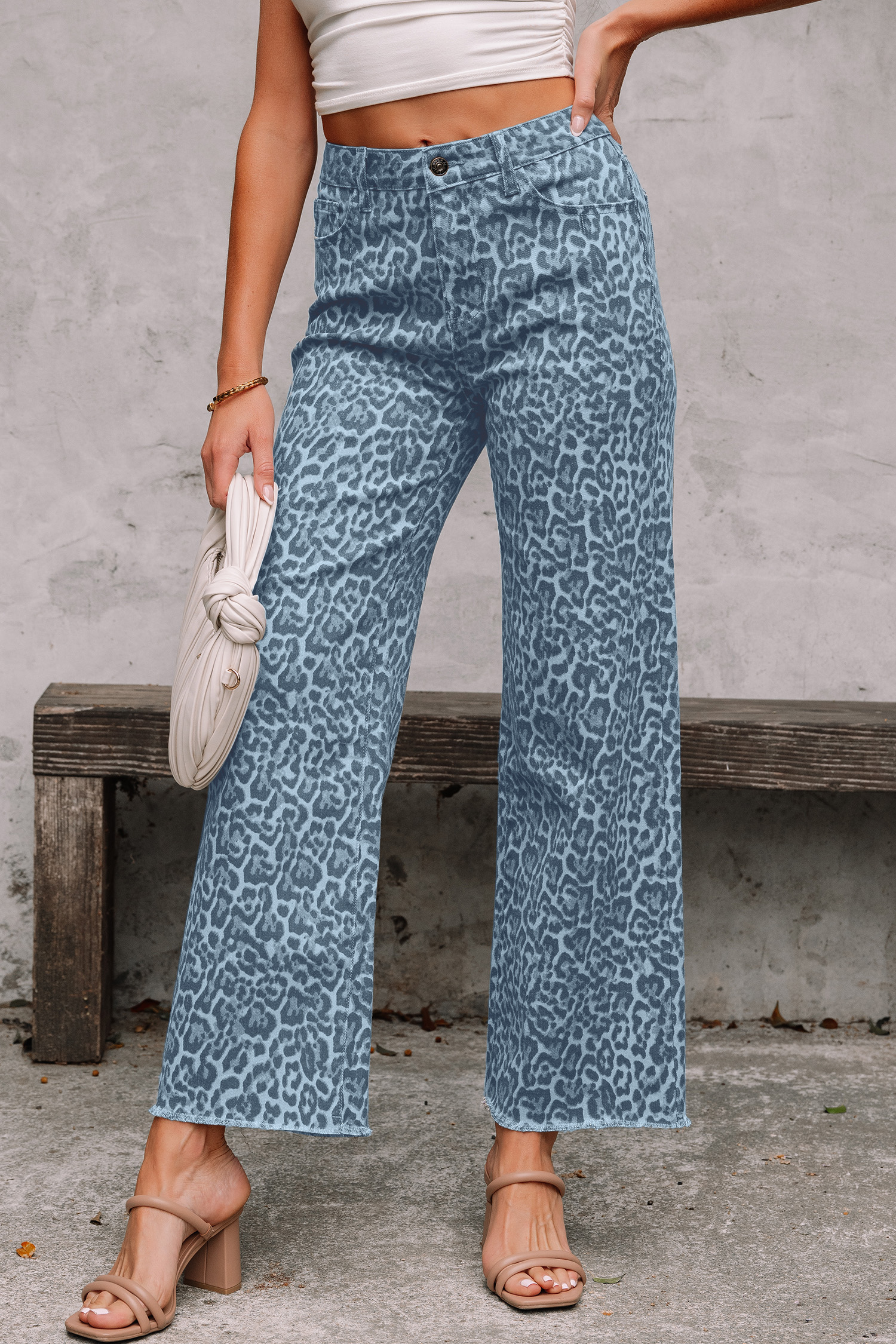 Jean Celeste Animal Print Leopardo Deshilachado Borde