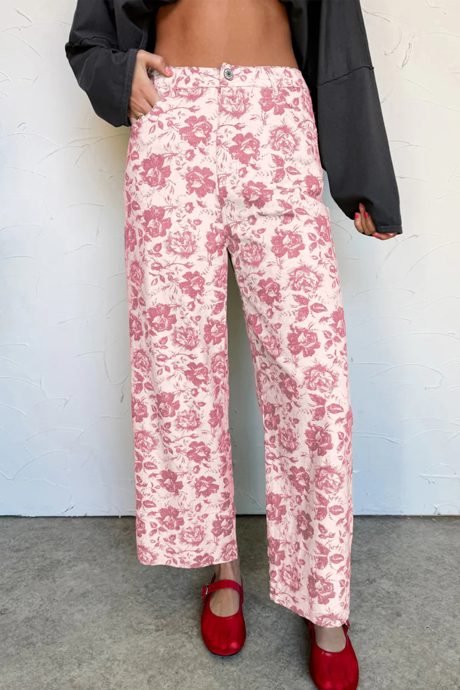 Jean Rosa Vintage Floral Estampado Relajado Pantalón