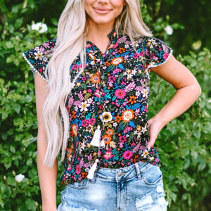 Blusa Negro Floral Manga Volado