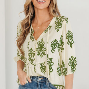 Camisa Damasco Con Botones Manga Corta Escote V