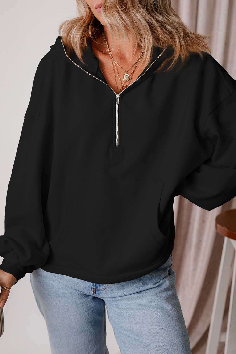Hoodie Negro Frisado Suelto Con Cierre - Image 3