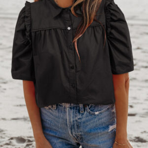 Camisa Negro Manga Abullonada Con Cuello