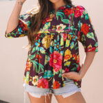 Blusa Greyish Violeta Bordado Manga Corta