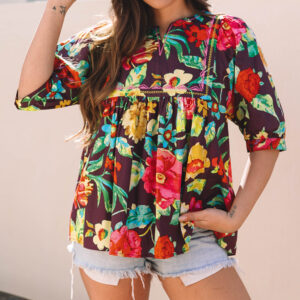 Blusa Greyish Violeta Bordado Manga Corta