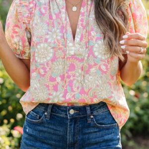 Blusa Rosa Floral Manga Abullonada Escote V