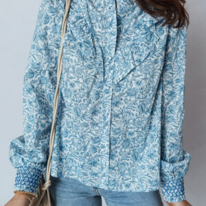 Camisa Azul Celeste Floral Manga Abullonada