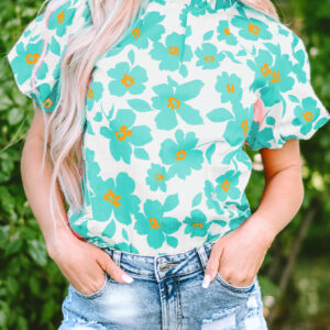 Blusa Verde Floral Manga Abullonada