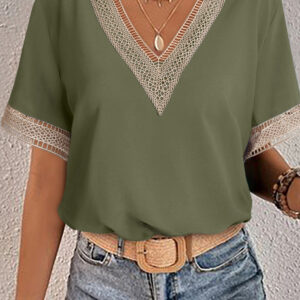 Blusa Verde Encaje Manga Corta Escote V