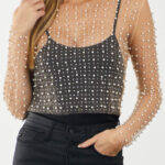 Top Corto Damasco Perlas y Strass Malla