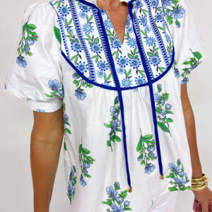 Blusa Beige Floral Manga Corta Cuello con Nudo