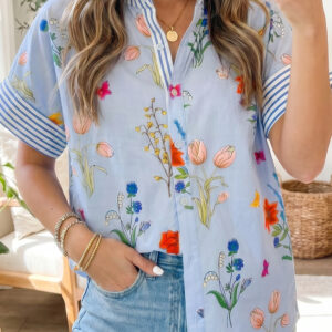 Camisa Azul Celeste Con Volados Manga Corta Con Cuello