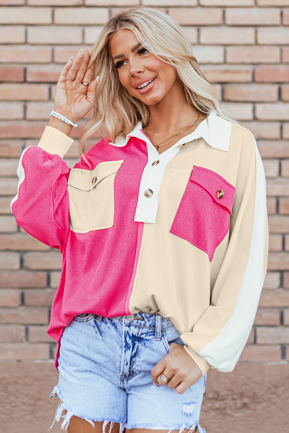 Buzo Rojo Rosado Combinado Oversize Con Cuello - Image 4