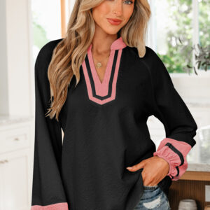 Blusa Negro Combinado Manga Larga Escote V