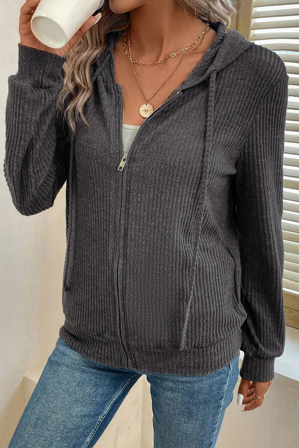 Hoodie Gris Oscuro Acanalado Con Cierre - Image 3