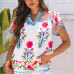 Blusa Rosa A Rayas Manga Corta Escote con Abertura