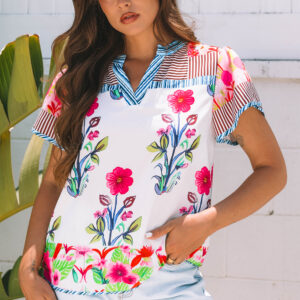 Blusa Rosa A Rayas Manga Corta Escote con Abertura
