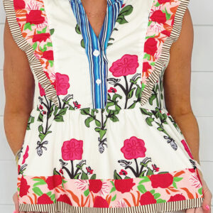Blusa Rosa A Rayas Manga Volado Cuello con Nudo