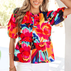 Blusa Rojo Floral Manga Abullonada Estilo Babydoll