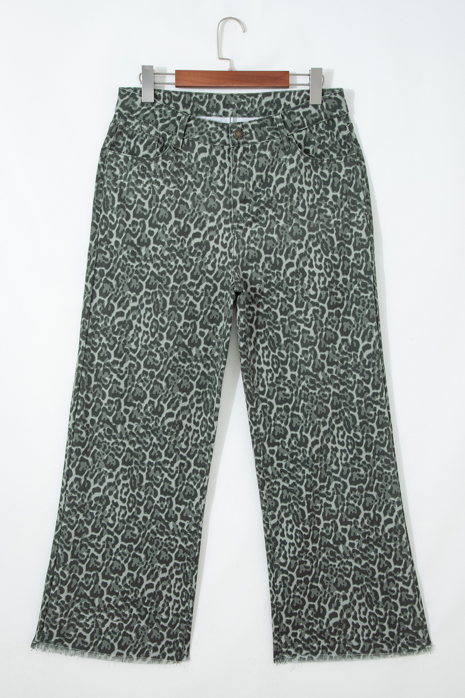 Jean Gris Animal Print Leopardo Deshilachado Borde Pierna - Image 5