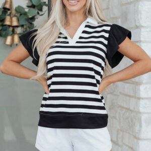 Blusa Negro a Rayas Con Volados Manga Corta Escote V