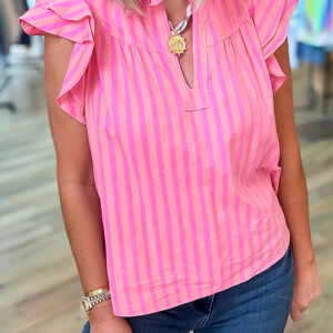 Blusa Rosa a Rayas Con Volados Escote con Abertura