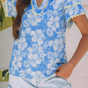 Blusa Azul Celeste Floral Manga Corta Escote V