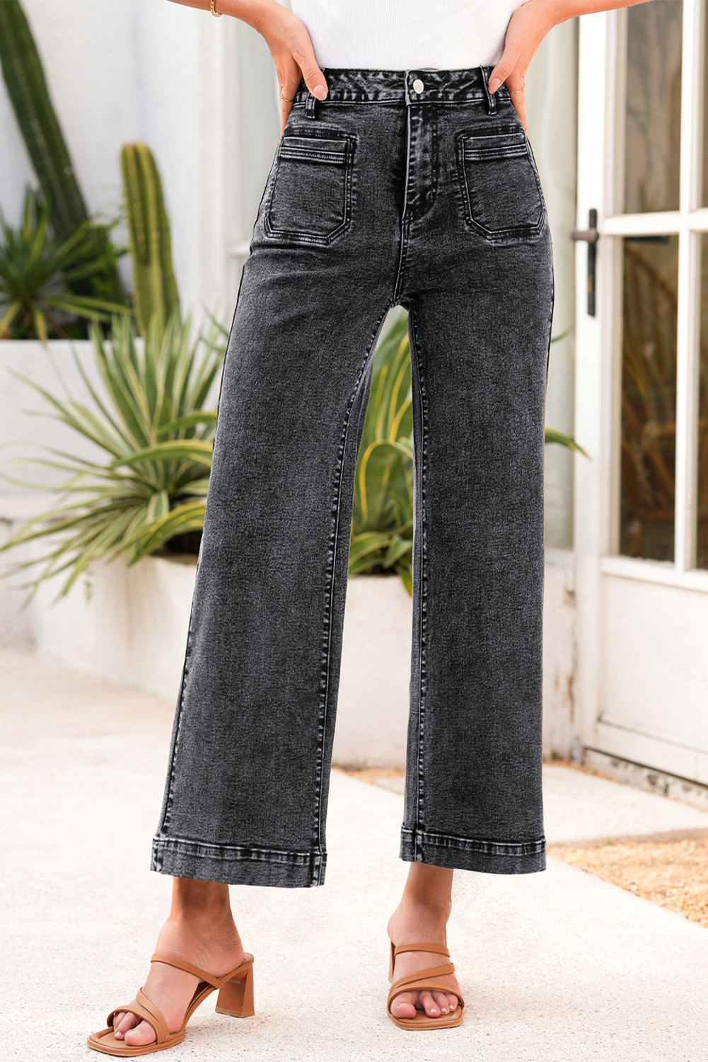 Jean Negro Chic Aplicado Bolsillo Pierna Recta Suelto - Image 6