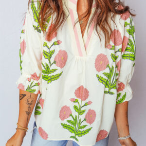 Blusa Rosa Manga 3/4 Escote V