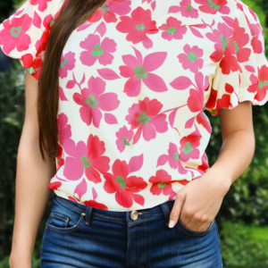 Blusa Rosa Floral Manga Abullonada