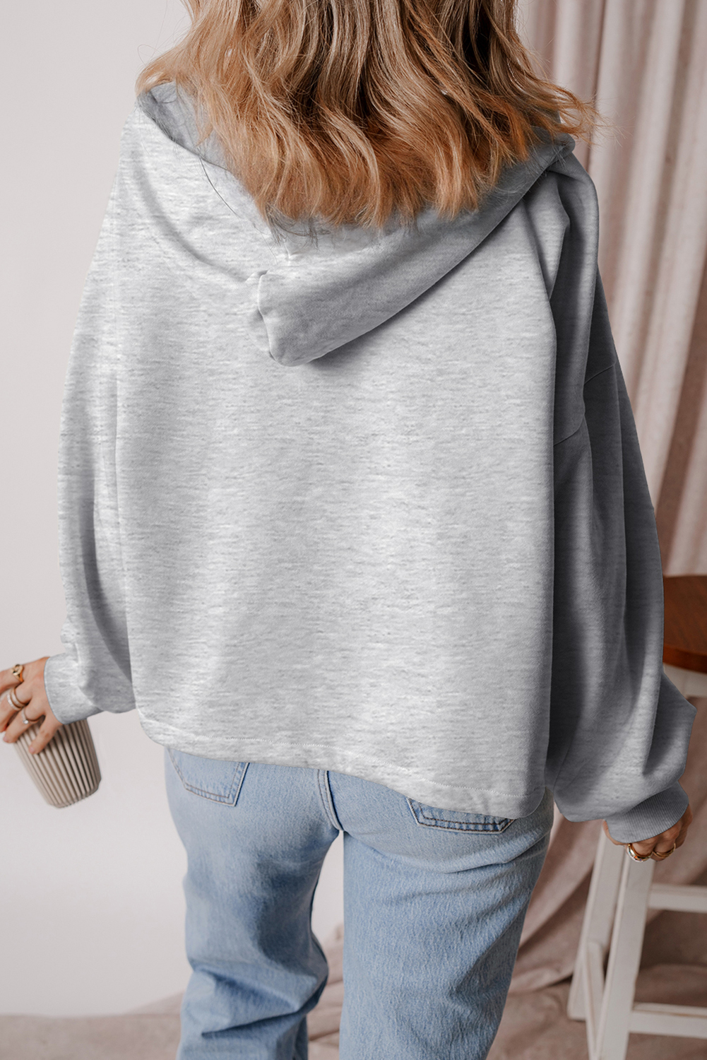 Hoodie Gris Claro Frisado Suelto Con Cierre - Image 2