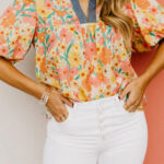 Blusa Multicolor Floral Manga Globo Escote V