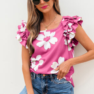 Blusa Rosa Con Volados Manga Corta Escote Cuadrado
