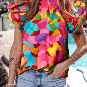 Blusa Rojo Rosado Con Volados Cuello Alto