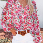 Blusa Rosa Floral Manga Abullonada Escote V
