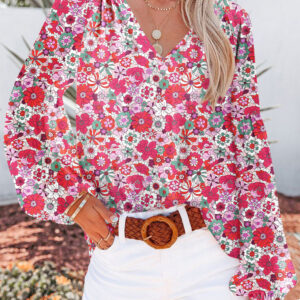 Blusa Rosa Floral Manga Abullonada Escote V