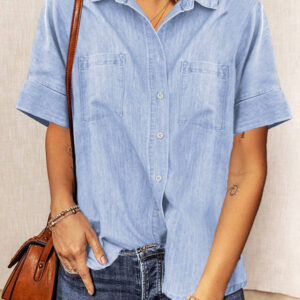 Camisa Azul Celeste Estilo Jean Manga Corta Con Cuello