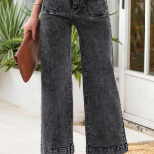 Jean Negro Chic Aplicado Bolsillo Pierna Recta Suelto