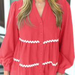 Camisa Coral Con Botones Manga Larga Escote V