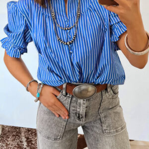 Blusa Azul a Rayas Con Volados Manga Abullonada