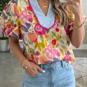 Blusa Rosa Floral Manga Abullonada Escote V