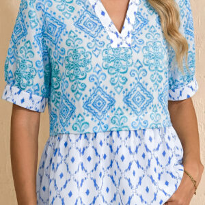 Blusa Azul Celeste Floral Manga Abullonada Estilo Babydoll