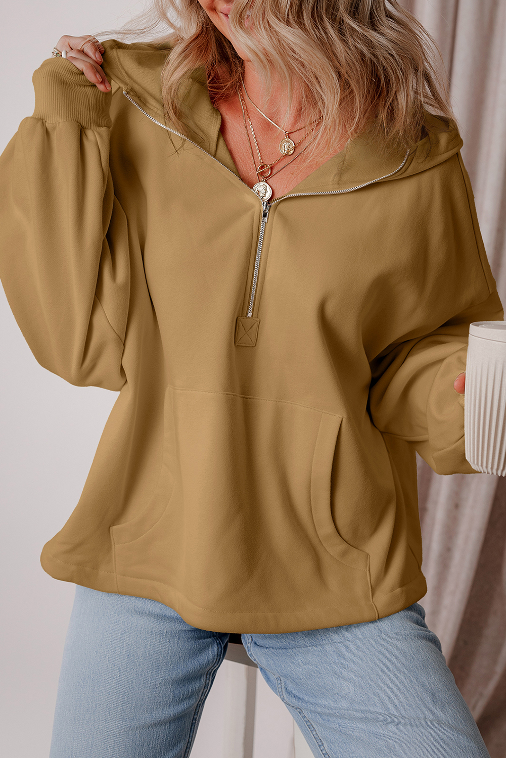 Hoodie Marrón Frisado Suelto Con Cierre - Image 4